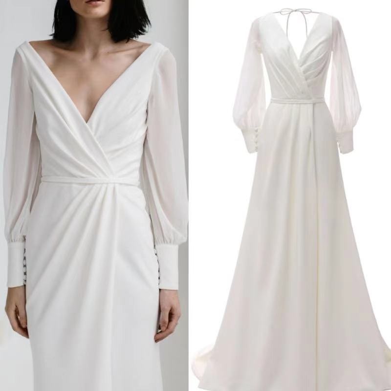 YLFF-Brides Simple Chiffon Long Sleeve A-Line V-Neck High Slit Sweep ...