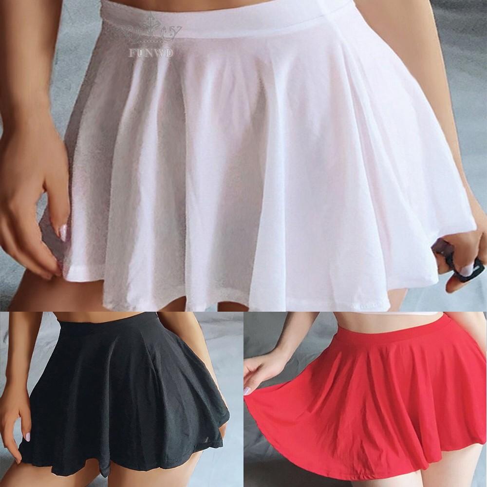 Women Solid Color Pleated Mini Skirt A-Line Sexy Lingerie Sheer See ...