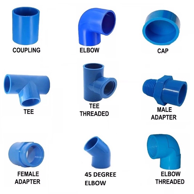 1/2 3/4 1 PVC Blue Pipe Fittings Tee, Cap, Plug, Male & Female Adapter ...