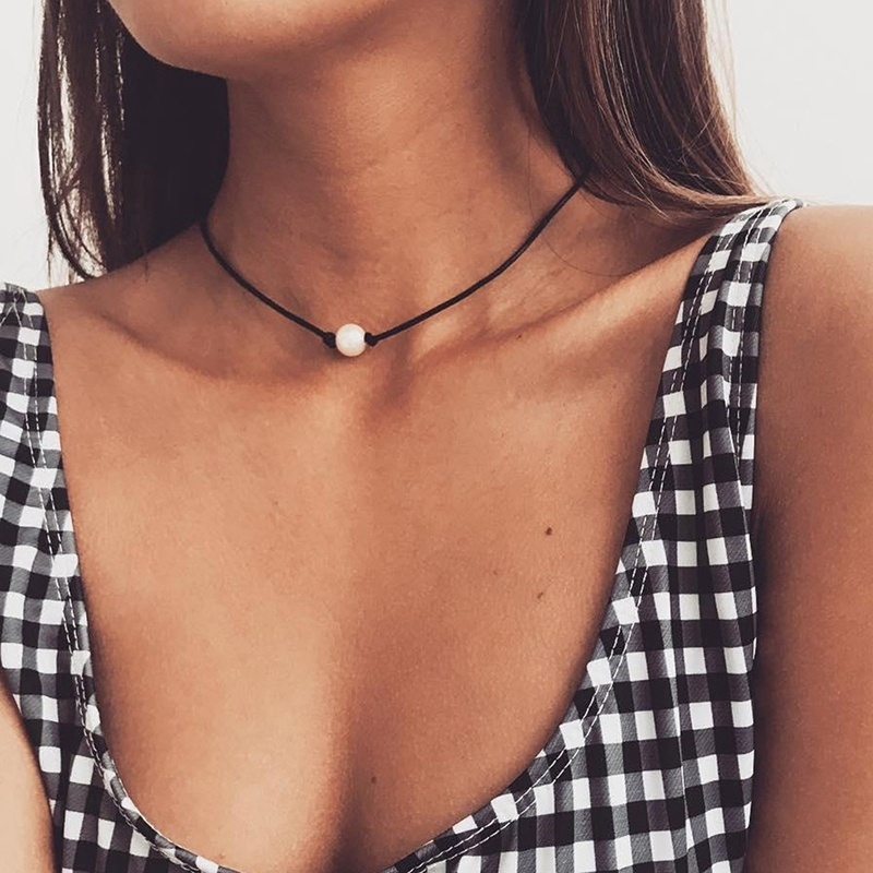 Women Single Pearl Leather Choker Necklace on Genuine Black Leather Cord Pendant Shopee Philippines