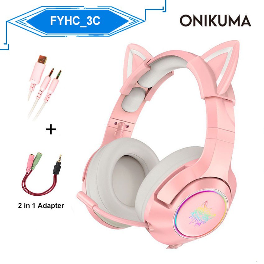 ONIKUMA K9 Wired Headset Girls Pink Cat Ear Stereo Headphones Cute