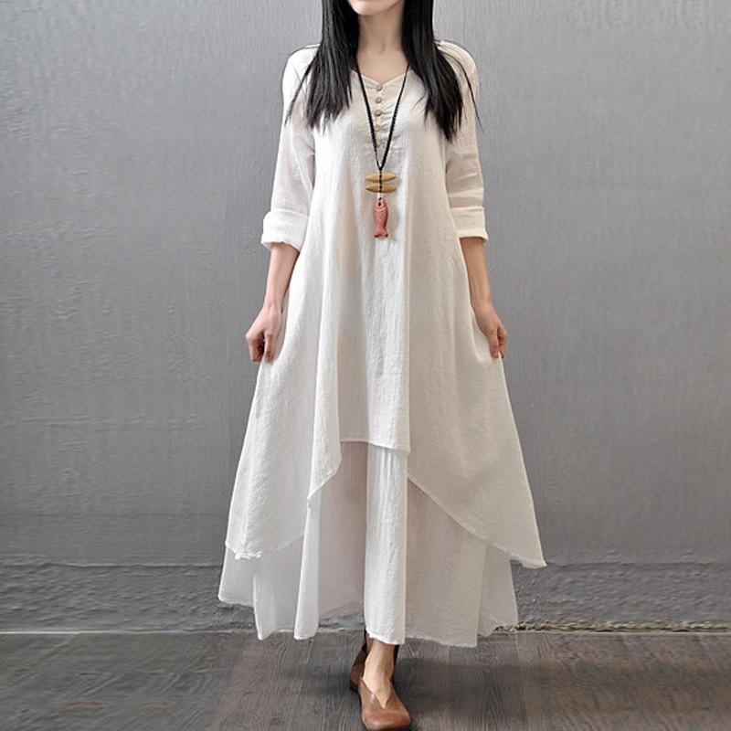 Women Two Piece Fake Long Dress Ladies Art Big Flax Dress Loose Long Sleeve Cotton Hemp Dress White Shopee Philippines