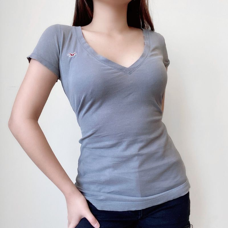Grey V Neck T-Shirt Brand: Hollister Size: Small