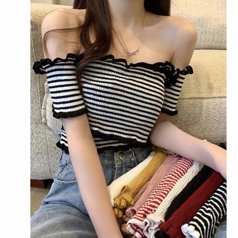 Cross Design Thin Fungus Edge Sexy Off-shoulder Short-sleeved Sweater ...