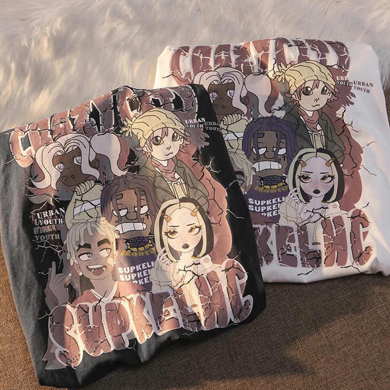 Women Anime Print Harajuku Grunge Loose Steampunk Tee Gothic Female ...