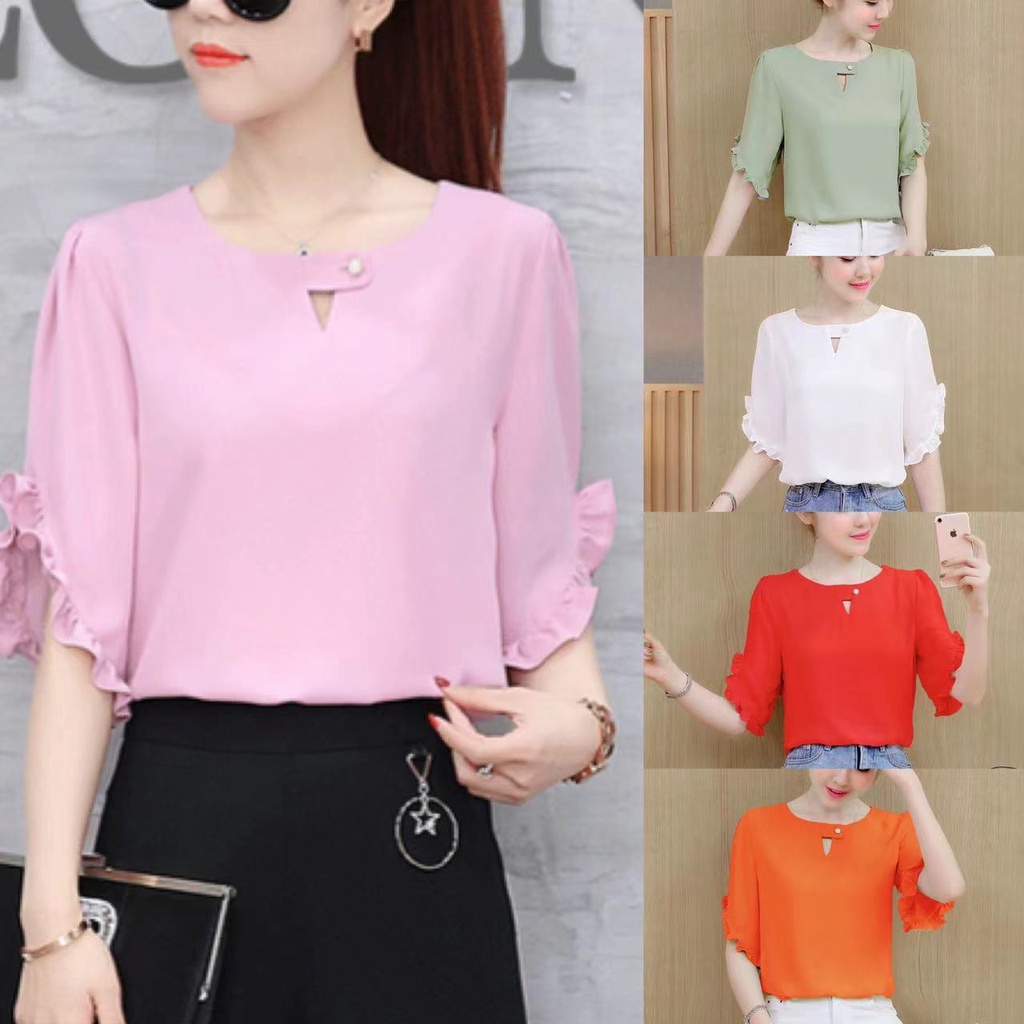 Plus Size Blouse Women Summer Round Neck Short Sleeved Chiffon Shirt Loose Fashion Blouse Tops 0157