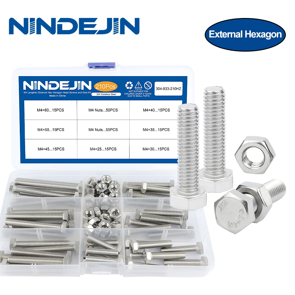 Nindejin External Hex Hexagon Head Screws Set With Full Thread M4 M5 M6 Stainless Steel Bolt And 6415