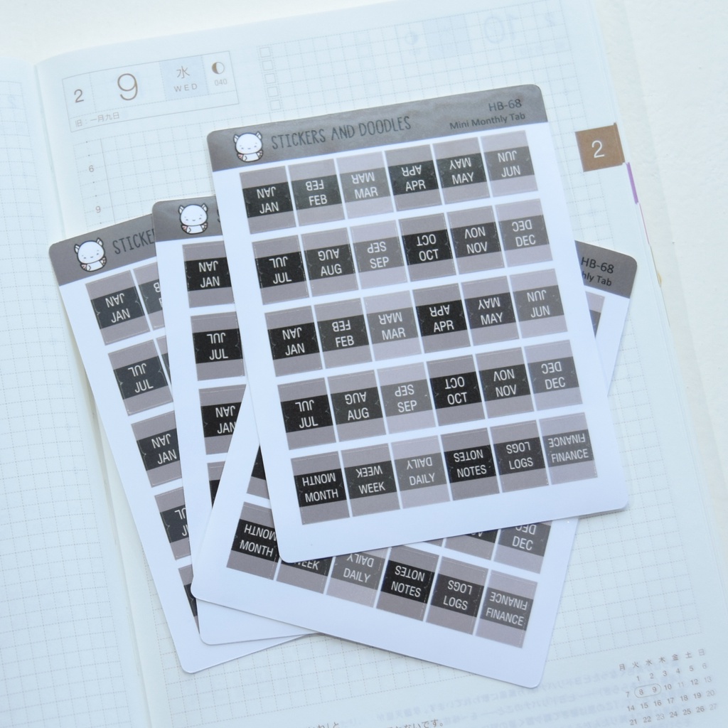 Hobonichi Monthly Planner Tabs Mini Index Tab Sticker Sheet Glossy