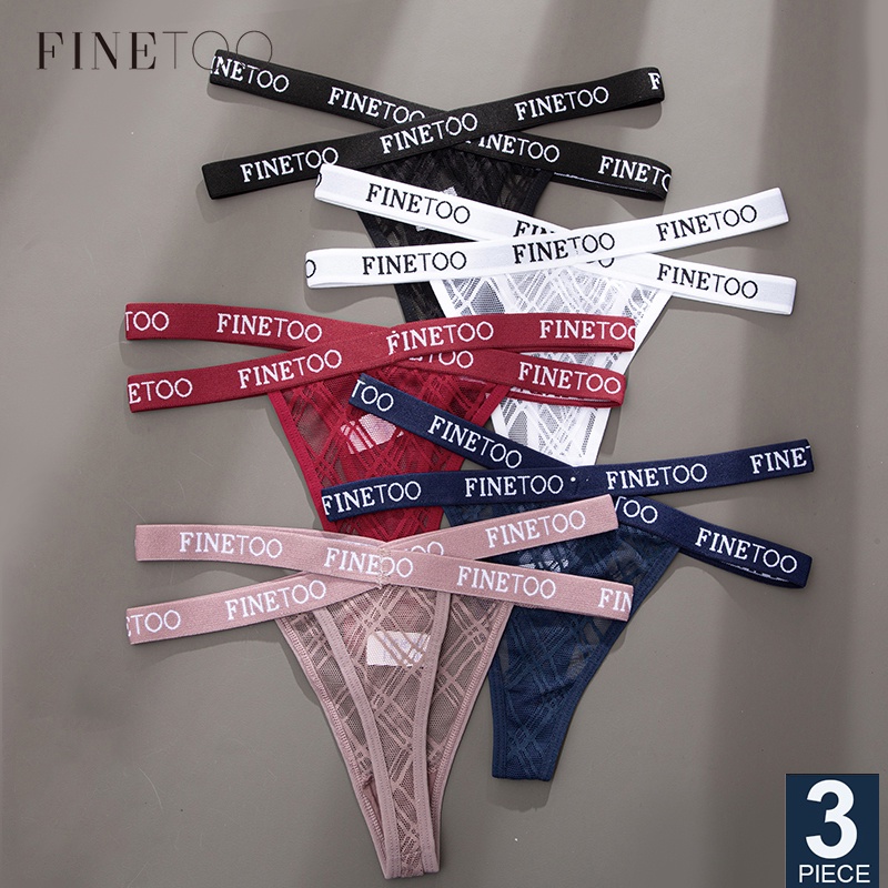 Finetoo 3pcs/Set Women's Letter Lace Mesh G-String Panties Sexy Cross Strap  Midi Waist Underwear Femme Hollow Out Thong
