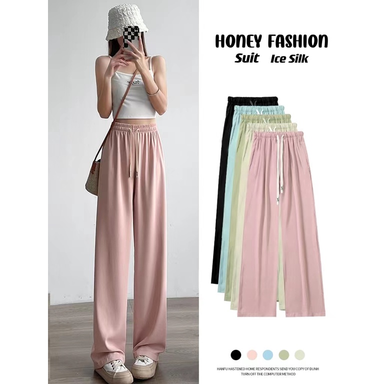 HquclooSolid Ice Silk Drawstring Waist Wide Leg Pants Trousers