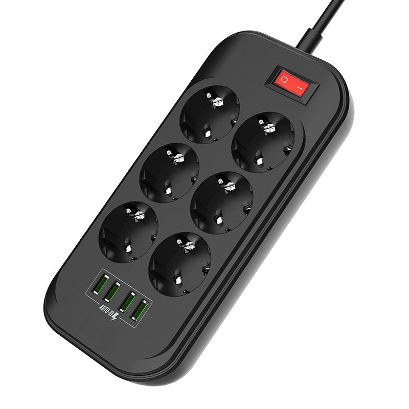☢№ EU Plug Power Strip, 6 Outlets 4 USB Charging Ports 2500W Power