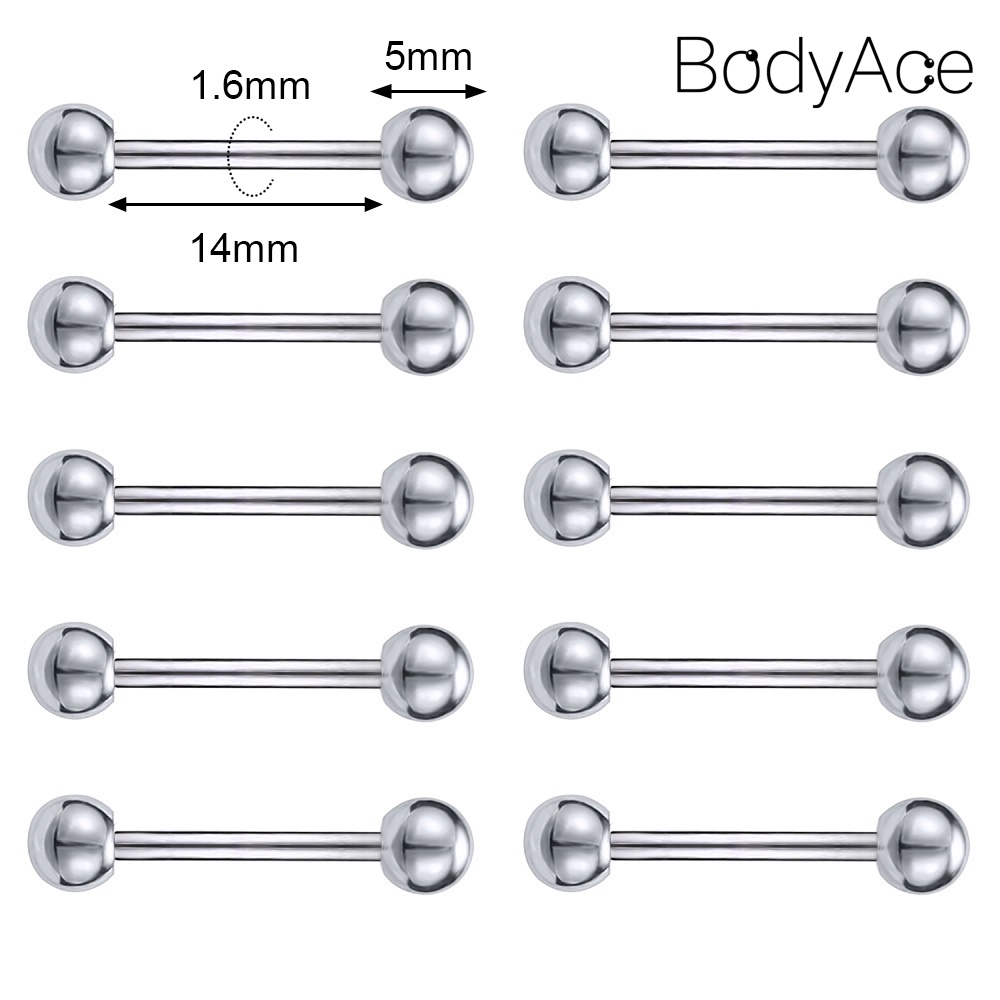 Bodyace 10 12pcs 14g Stainless Steel Tongue Ring Crystal Tongue