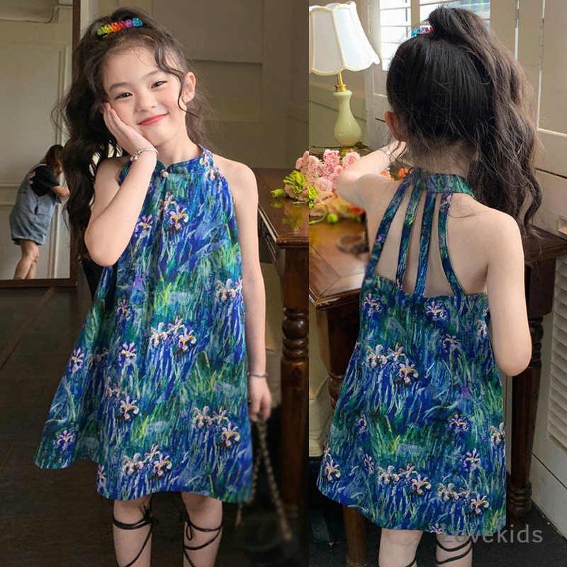 Korean Version Summer Girls Oil Painting Style Suspender Dress Pearl ...