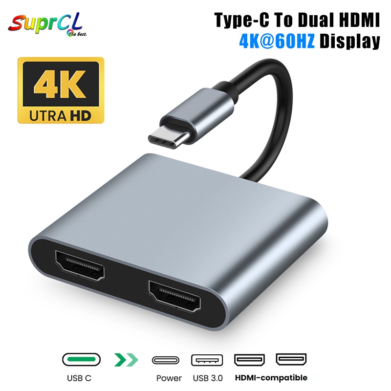 4in1 4K USB C to Dual HDMI Adapter Hub, includes USB and PD Input  Charger Port, compatible with Thunderbolt 3, Mac, Windows, Multi-Screen  Display