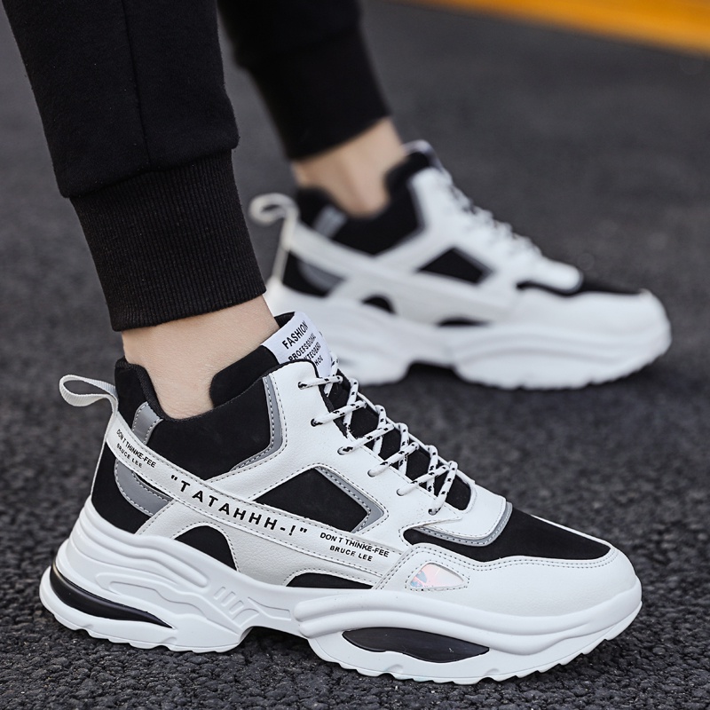 Men s Korean Rubber Shoes Fashion High cut Sneakers PU Leather Shopee Philippines