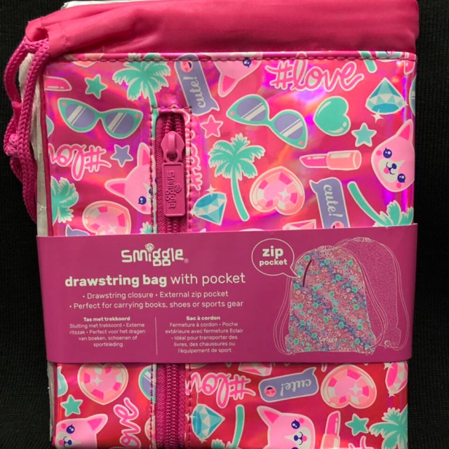 Smiggle drawstring bag with pocket hot sale