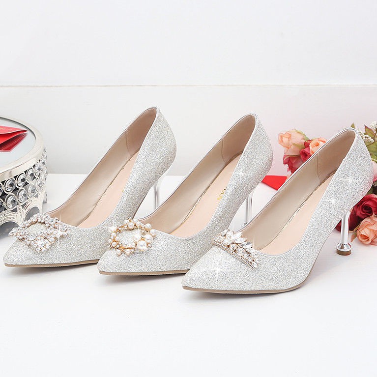 Wedding shoes 2020 new wedding shoes silver bridal shoes Shopee