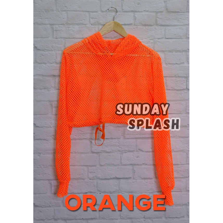 [3 Colors] Mesh Shirt Neon Theme Clothing. Crop Top Long Sleeve Hooded