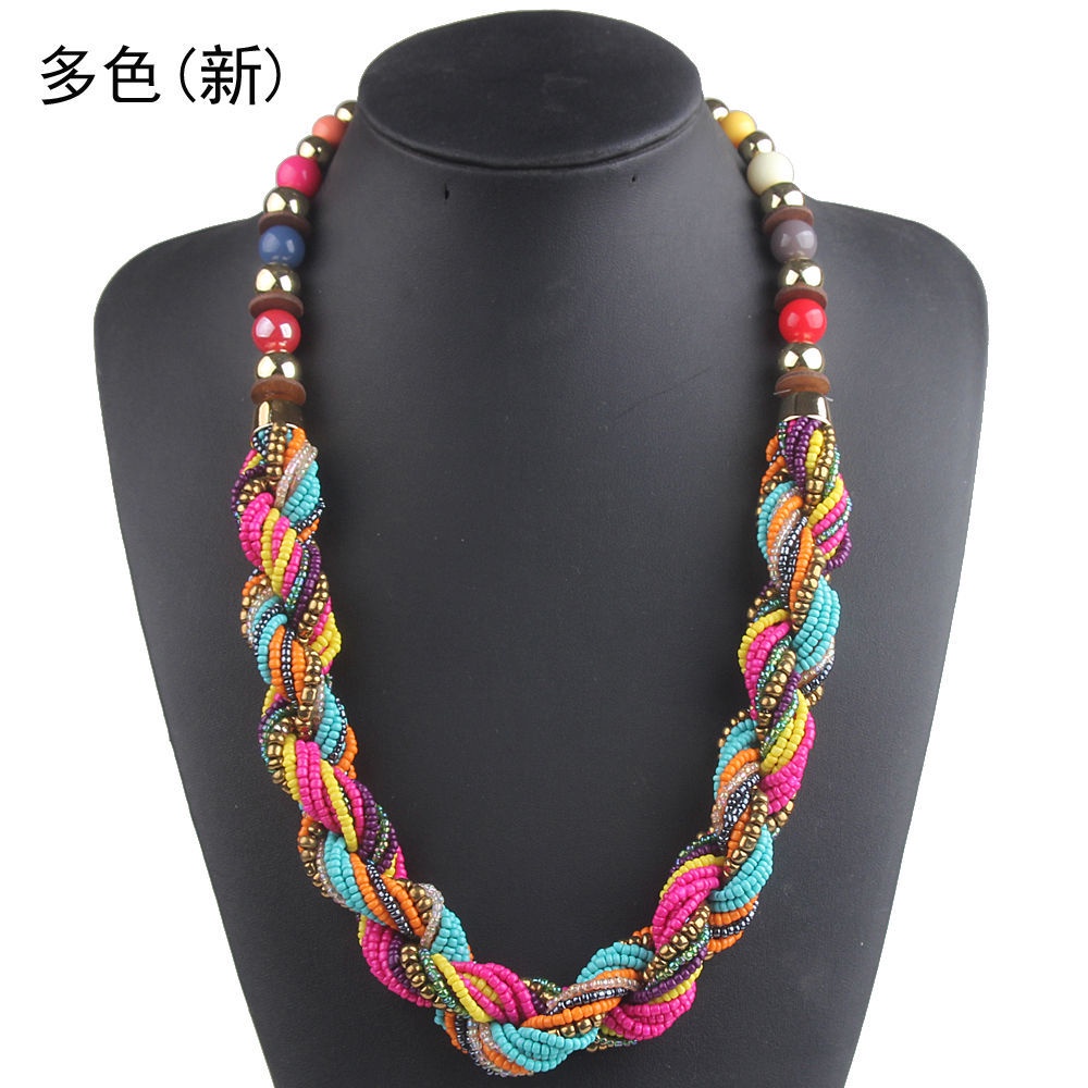 Women Ethnic Bohemian Multi Layer Bead Alloy Knitted Necklace