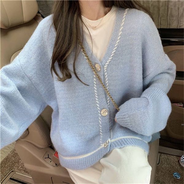 Korean Comfy Big Size Chunky Knit Cardigan Sweater Loose Long Sleeves  Blue/Pink