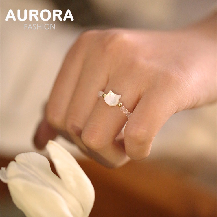 Aurora Plated 18K Gold Super Shiny Cute White Cat Austria Crystal Ring ...