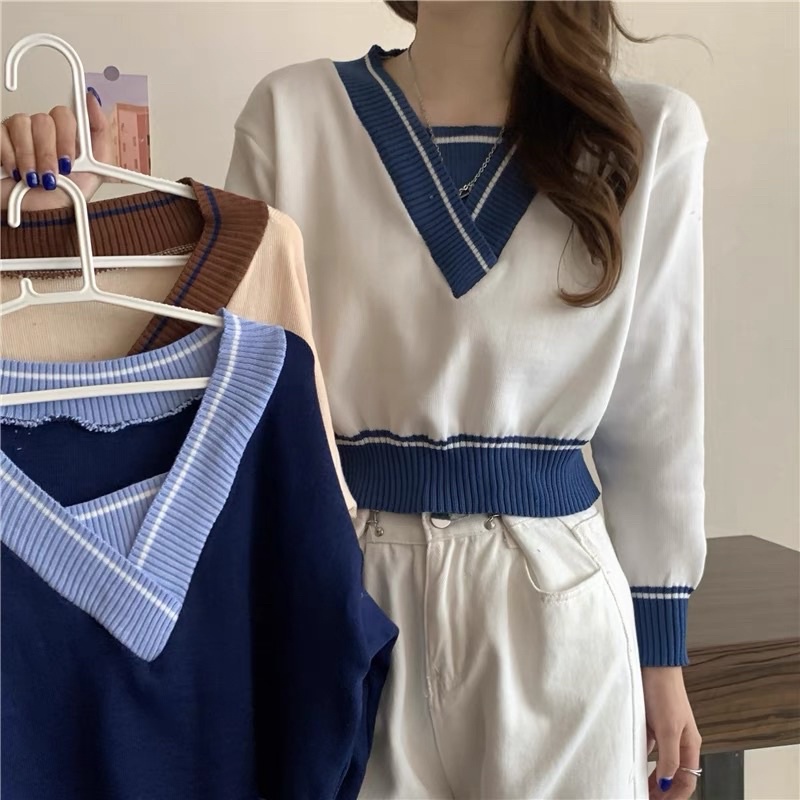 Fashionable Contrast Color Knitted Short-sleeved Button-down Top main image 0