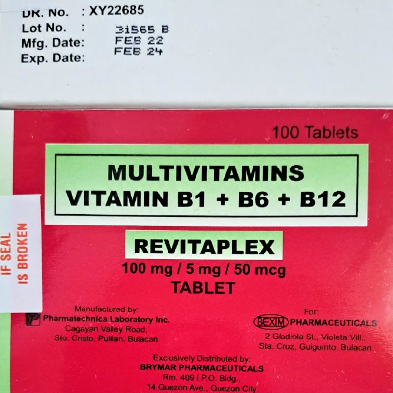 Revitaplex B-Complex 100mg/5mg/50mcg 100 Tablets (sold Per Box ...