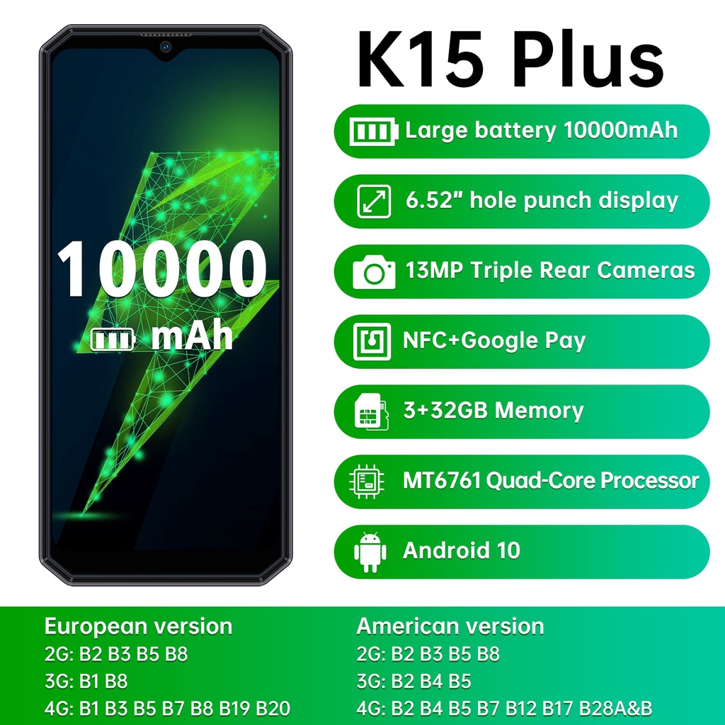 OUKITEL K15 PLUS 10000mAh Battery Rugged Smartphone 3+32GB Android 10 6 ...