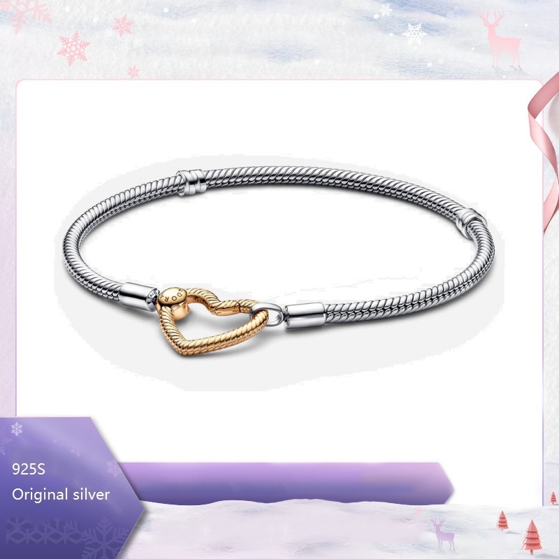 925s Silver Pandoora Moments Heart Closure Snake Chain Bracelet ...