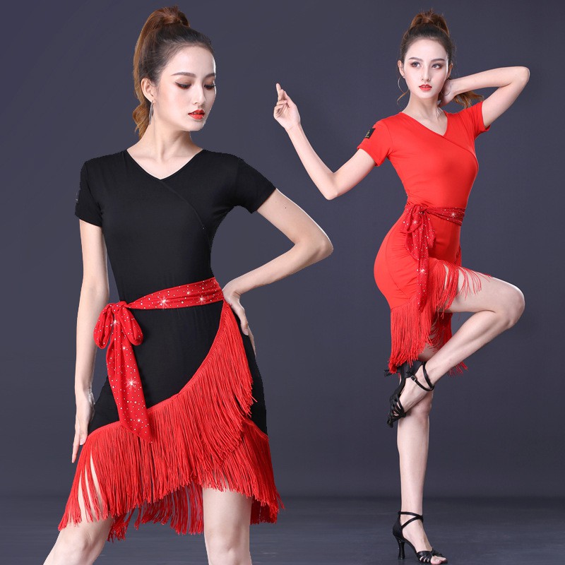 Black Latin Dance Dress Short-sleeve Latin Dance Tassel one-piece dres –  World Salsa Championships