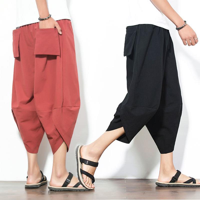 Cotton And Linen Wide Leg Harem Pants Men Trend Micro-Elastic Loose ...