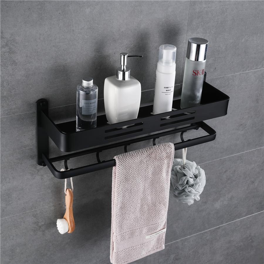 Black Aluminum Wall Mount Bathroom Shelf with Bar and Hook for Towel