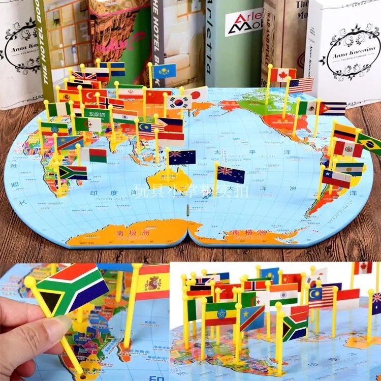 Wooden Map of The World over 36 Country National Flag w/ Capital ...
