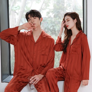 New couple silk pajamas popular striped red printing comfortable couple  imitated silk sleepwear Home