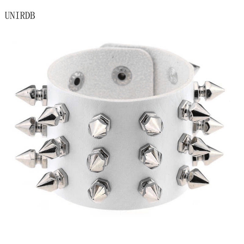 Punk Unique Row Spikes Rivet Stud Wide Cuff Leather Bracelet Punk ...