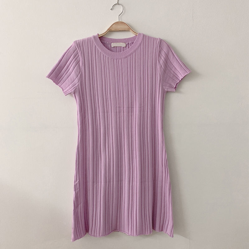 Korean Elegant Sunken Stripe Short-Sleeved Knitted Dress Round Neck ...