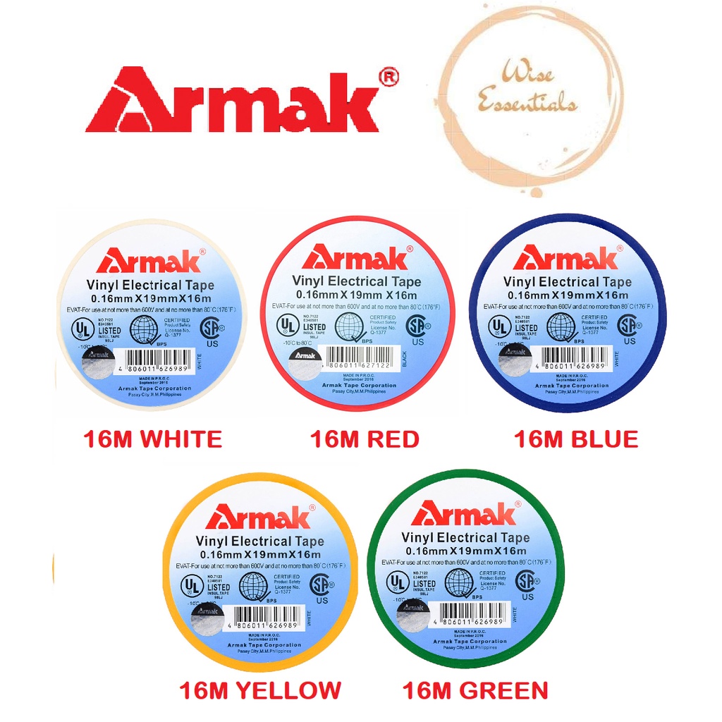 ARMAK Vinyl Electrical Tape 16M in White, Red, Green, Blue, Yellow ...