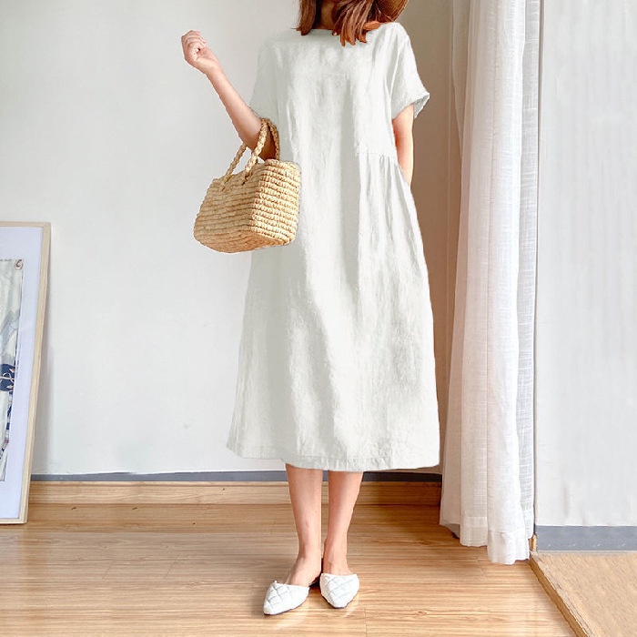 [Ready Stock] Cotton linen solid color plus size dress women summer ...