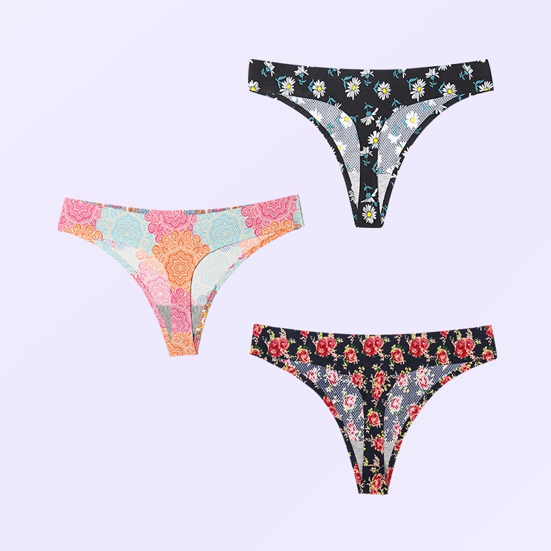 3Pcs Ice Silk Mesh Printing Women Thongs Sexy Low Waist G String ...