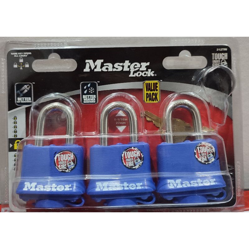 MASTER LOCK All Weather Padlock with Xenoy Thermoplastic Cover 3Pcs Set Key  Alike 312-TRI Blue