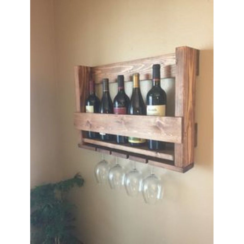 Wall-mounted Wooden Rustic wine rack With stem wine glass Stemless Wine  glass