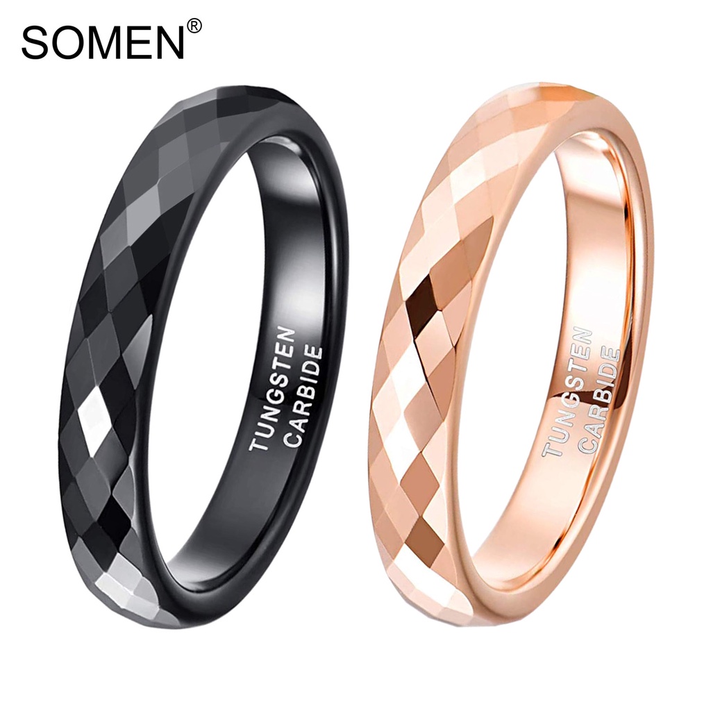 Somen 4MM Tungsten Carbide Rings Faceted Edge Polished Rose Gold/Black  Wedding Band for Women Size 4-12