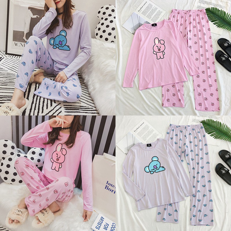 BT21 Pajamas Cute Women Cartoon Cotton BTS Nightwear Set Shopee