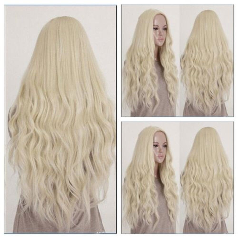 Long Light Blonde Heat Resistant Wavy Cosplay Hair Full Wigs
