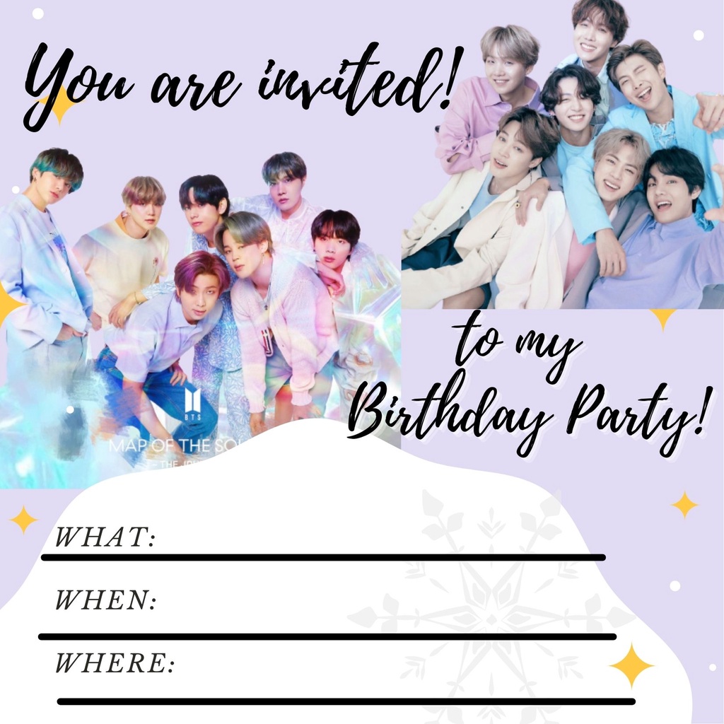 BTS Inspired Party Invitation  Bts birthdays, Invitation card birthday, Birthday  invitation card template