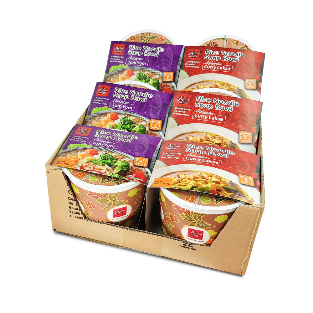 Asianmeals Rice Noodle Soup Bowl Spicy Packs, 3x Tom Yum Flavors, 3x