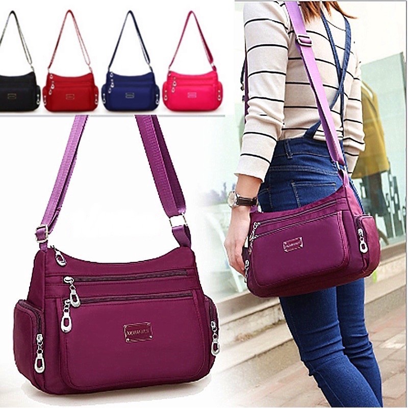 Korean fashion Nylon waterproof Shoulder Sling bag Multi zip bag