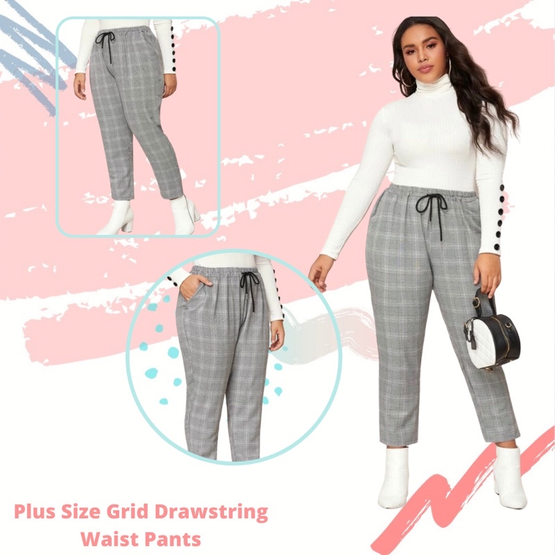 PLUS SIZE DRAWSTRING CHECKERED PANTS, plus size pants for women