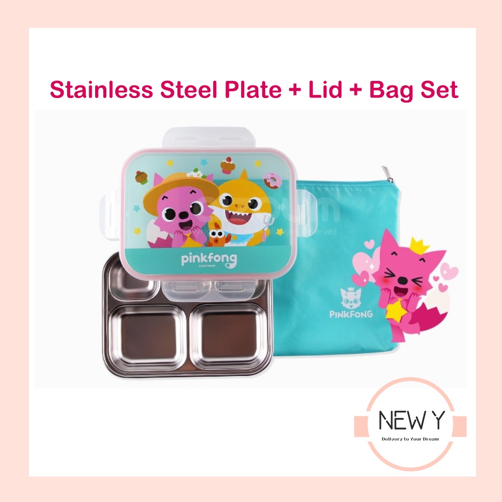 [PINKFONG] Kids Lunch Box Stainless Steel Lunch Plate + Lid + Bag Set ...
