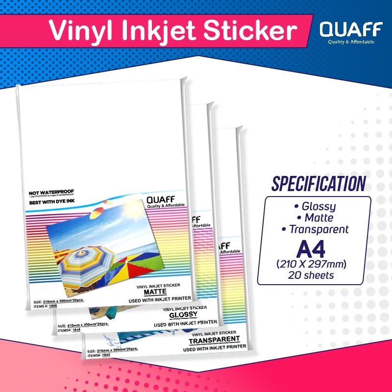 QUAFF Vinyl Inkjet Sticker A4 Size Matte | Glossy | Transparent ...